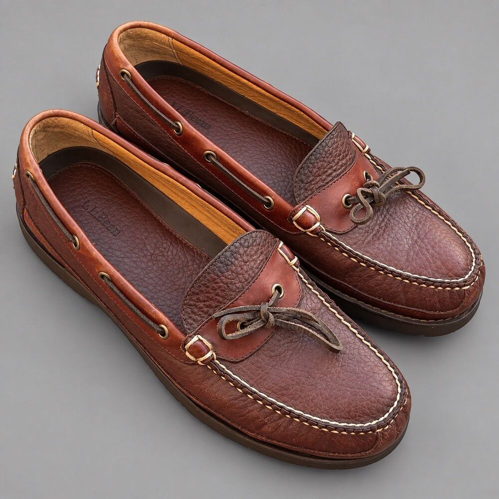 L.L. Bean Men's Allagash Bison Leather Boat Shoe Loafers Size 12D Brown preppy